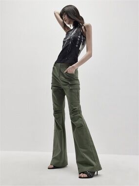 High-Rise Olive Green Cargo Flare Pants